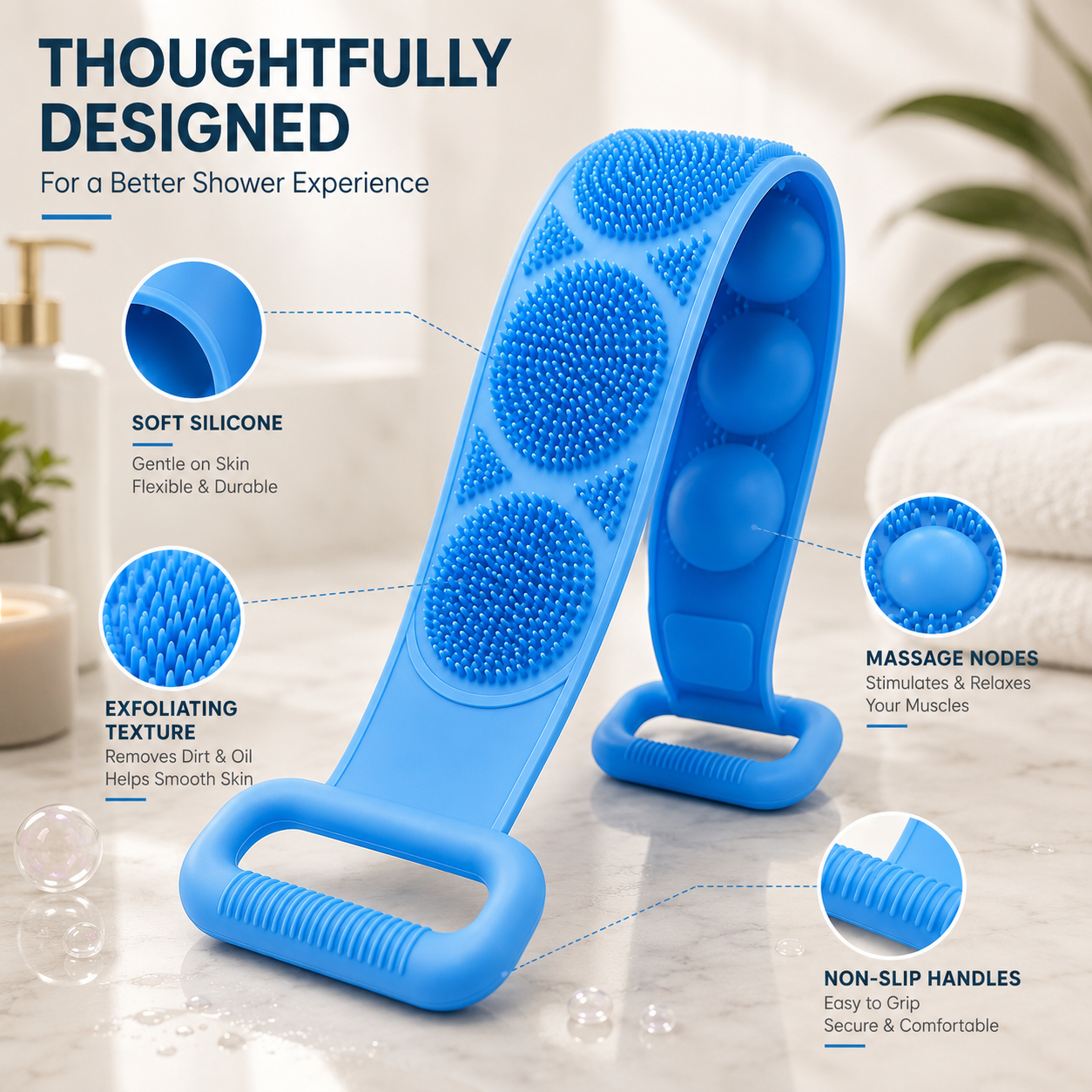 Silicone Back Scrubber Belt with Easy-Grip Handles, Dual-Sided Exfoliating Body Brush for Shower