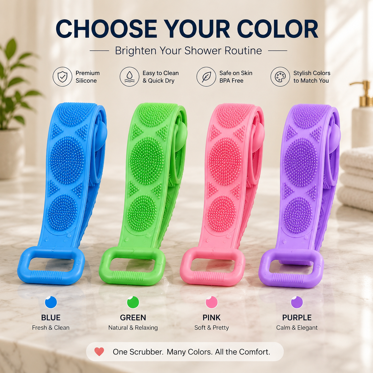 Silicone Back Scrubber Belt with Easy-Grip Handles, Dual-Sided Exfoliating Body Brush for Shower