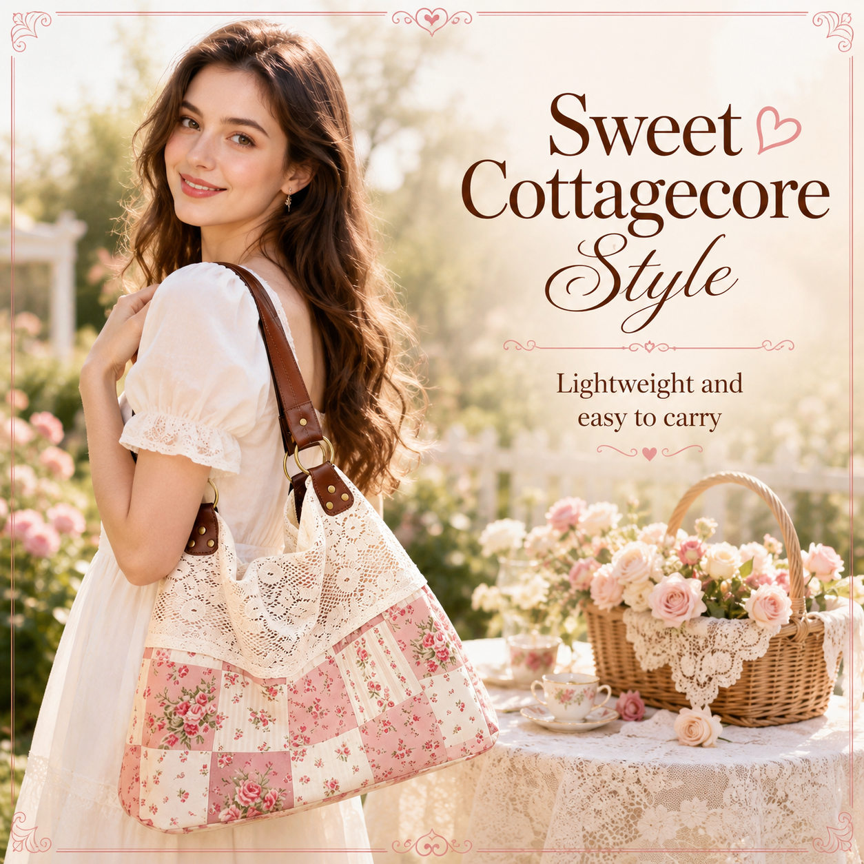 Floral-Print Patchwork Lace Handbag