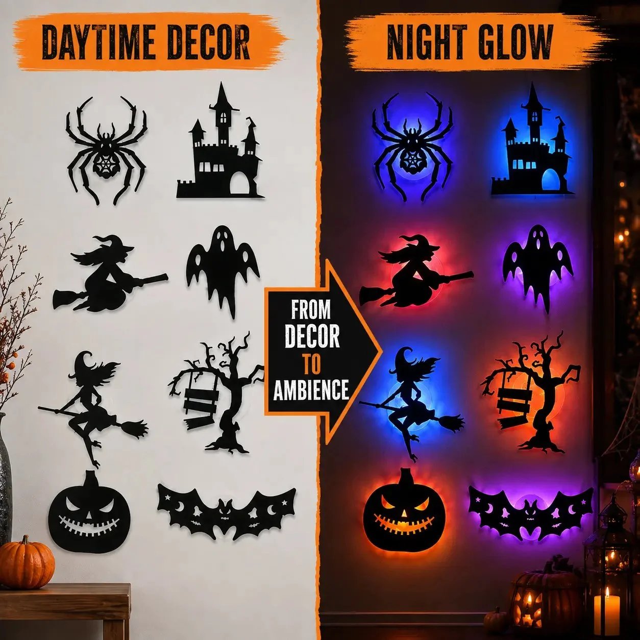 🔥49% OFF - 🎃8 Pack Halloween LED Silhouette Wall Light Stickers, Battery Powered Peel & Stick Decor Lights