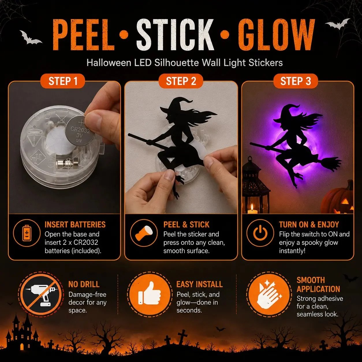 🔥49% OFF - 🎃8 Pack Halloween LED Silhouette Wall Light Stickers, Battery Powered Peel & Stick Decor Lights