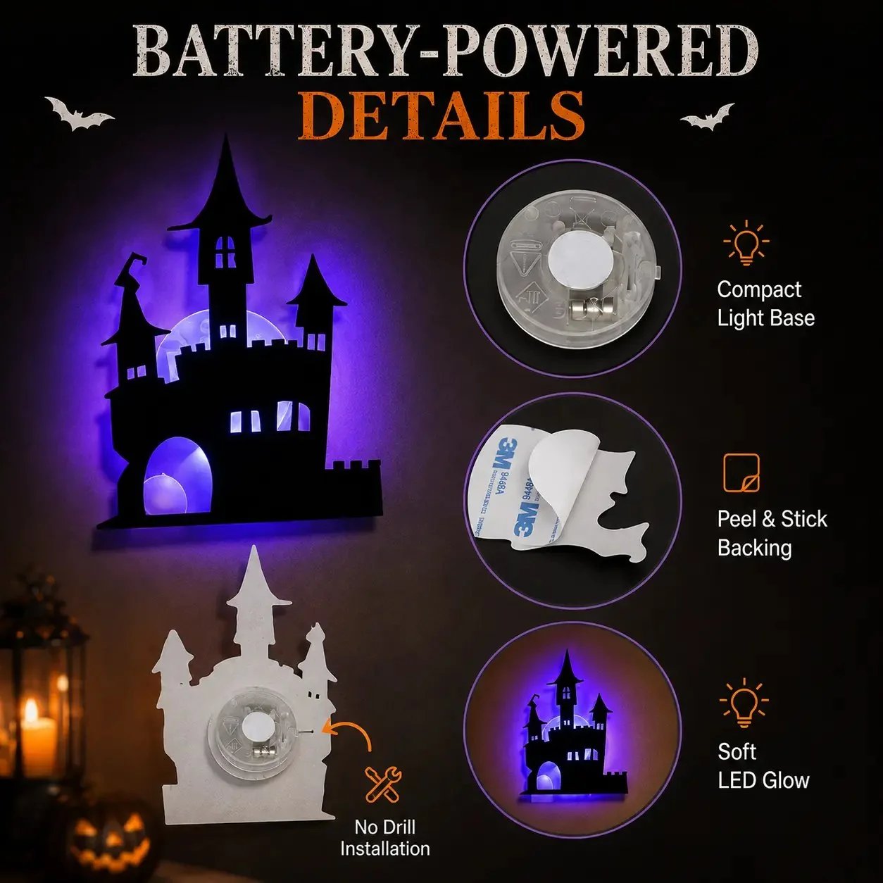 🔥49% OFF - 🎃8 Pack Halloween LED Silhouette Wall Light Stickers, Battery Powered Peel & Stick Decor Lights