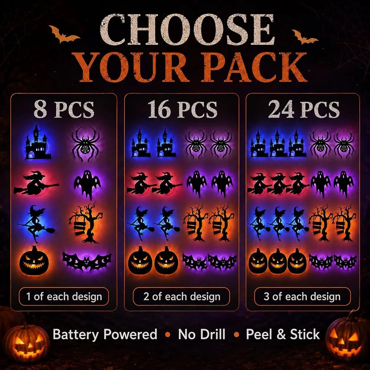 🔥49% OFF - 🎃8 Pack Halloween LED Silhouette Wall Light Stickers, Battery Powered Peel & Stick Decor Lights