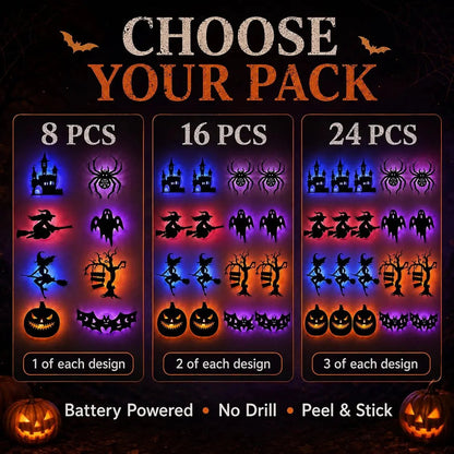 🔥49% OFF - 🎃8 Pack Halloween LED Silhouette Wall Light Stickers, Battery Powered Peel & Stick Decor Lights