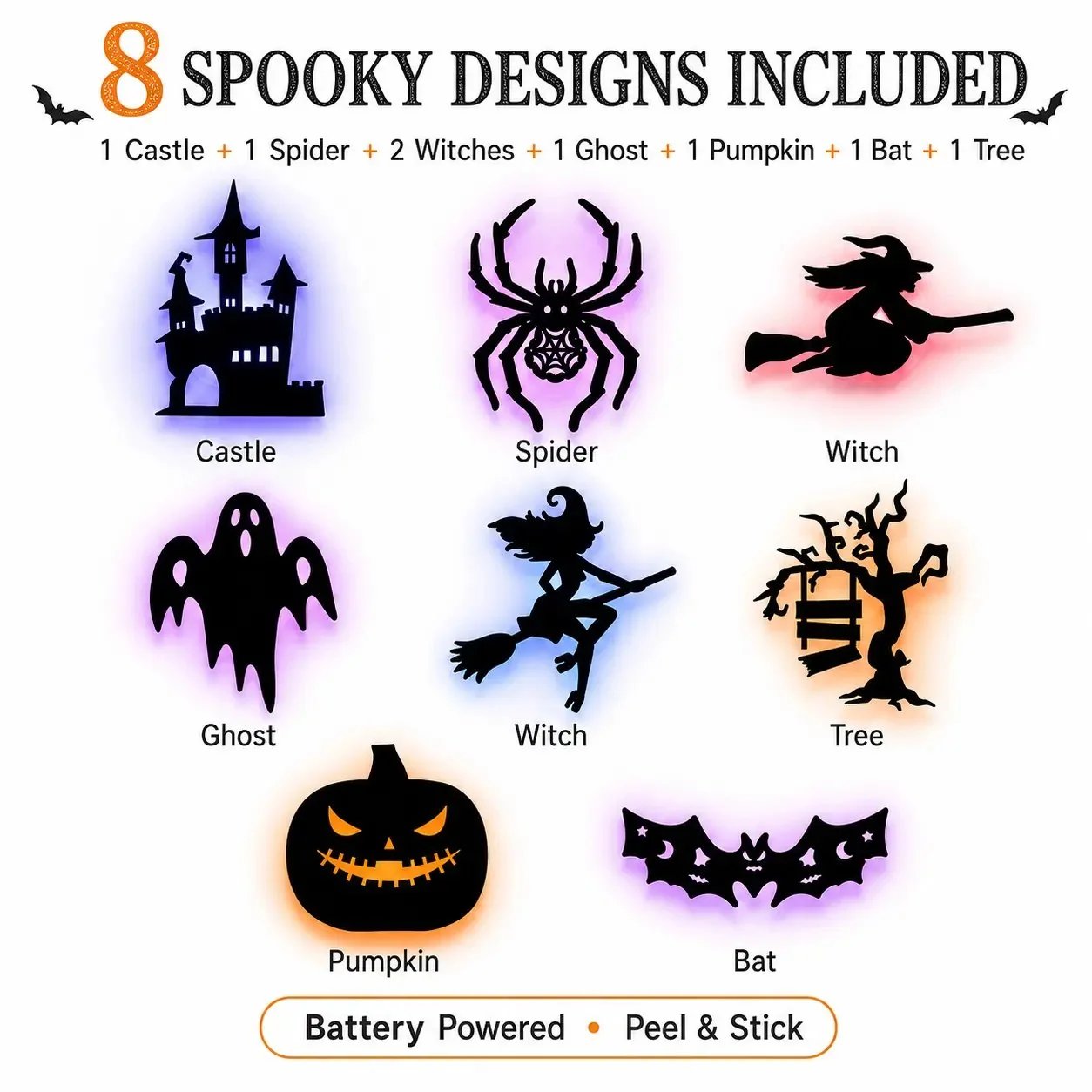 🔥49% OFF - 🎃8 Pack Halloween LED Silhouette Wall Light Stickers, Battery Powered Peel & Stick Decor Lights