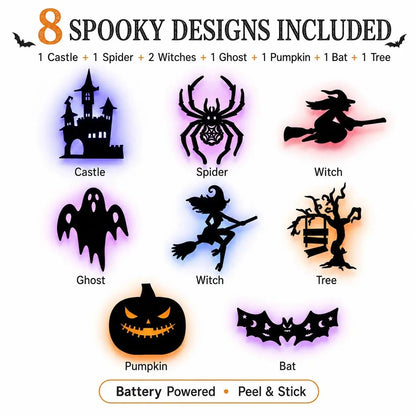 🔥49% OFF - 🎃8 Pack Halloween LED Silhouette Wall Light Stickers, Battery Powered Peel & Stick Decor Lights
