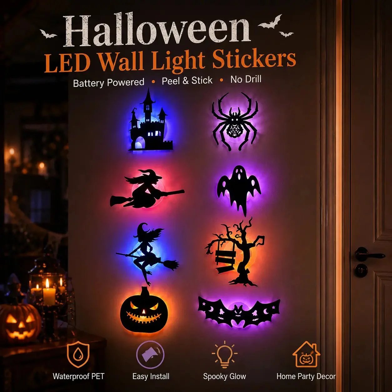 🔥49% OFF - 🎃8 Pack Halloween LED Silhouette Wall Light Stickers, Battery Powered Peel & Stick Decor Lights
