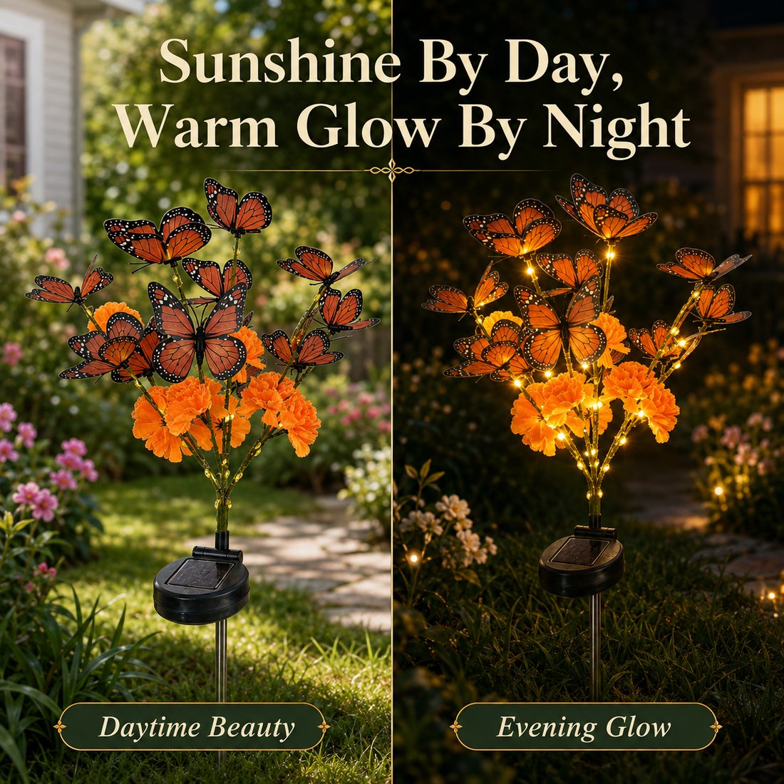 🦋 Solar Marigold Butterfly Garden Stake Light — Warm Outdoor Floral Decor