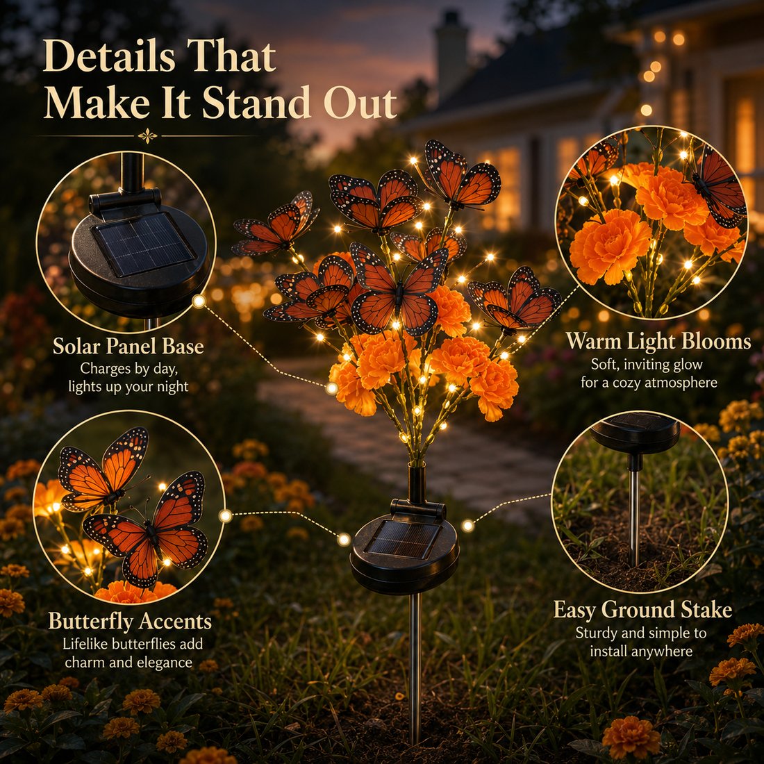 🦋 Solar Marigold Butterfly Garden Stake Light — Warm Outdoor Floral Decor