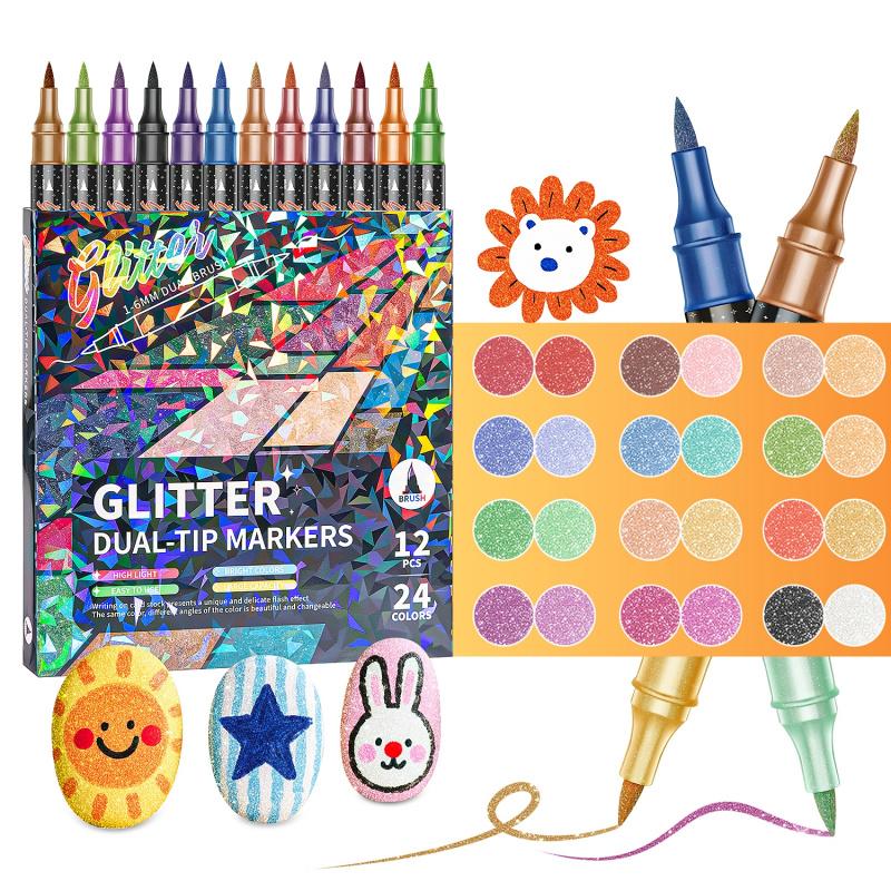 🎨Glitter Effect Brush Markers🥇✨: Create Sparkling Art Smoothly 🥳(🌈24-120 Colors | Smooth No Clog | No Bleed Through📝)