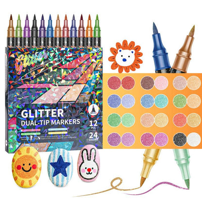 🎨Glitter Effect Brush Markers🥇✨: Create Sparkling Art Smoothly 🥳(🌈24-120 Colors | Smooth No Clog | No Bleed Through📝)