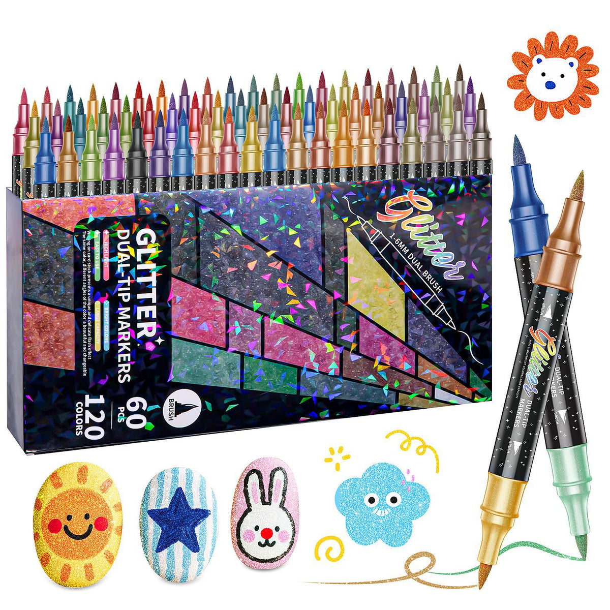 🎨Glitter Effect Brush Markers🥇✨: Create Sparkling Art Smoothly 🥳(🌈24-120 Colors | Smooth No Clog | No Bleed Through📝)