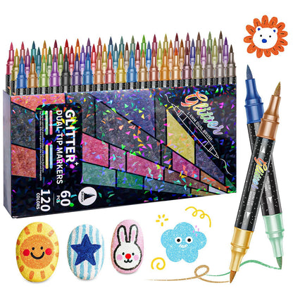 🎨Glitter Effect Brush Markers🥇✨: Create Sparkling Art Smoothly 🥳(🌈24-120 Colors | Smooth No Clog | No Bleed Through📝)