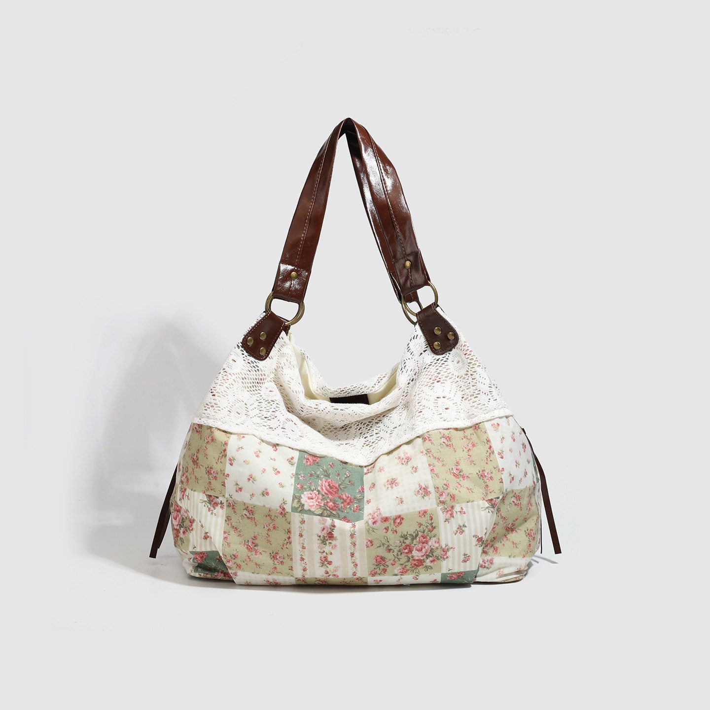 Floral-Print Patchwork Lace Handbag
