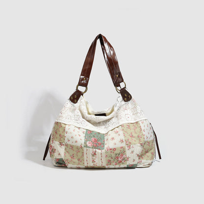 Floral-Print Patchwork Lace Handbag