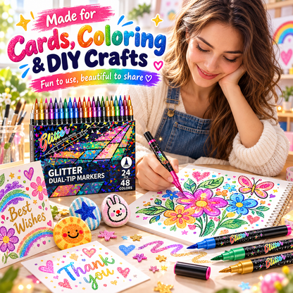🎨Glitter Effect Brush Markers🥇✨: Create Sparkling Art Smoothly 🥳(🌈24-120 Colors | Smooth No Clog | No Bleed Through📝)
