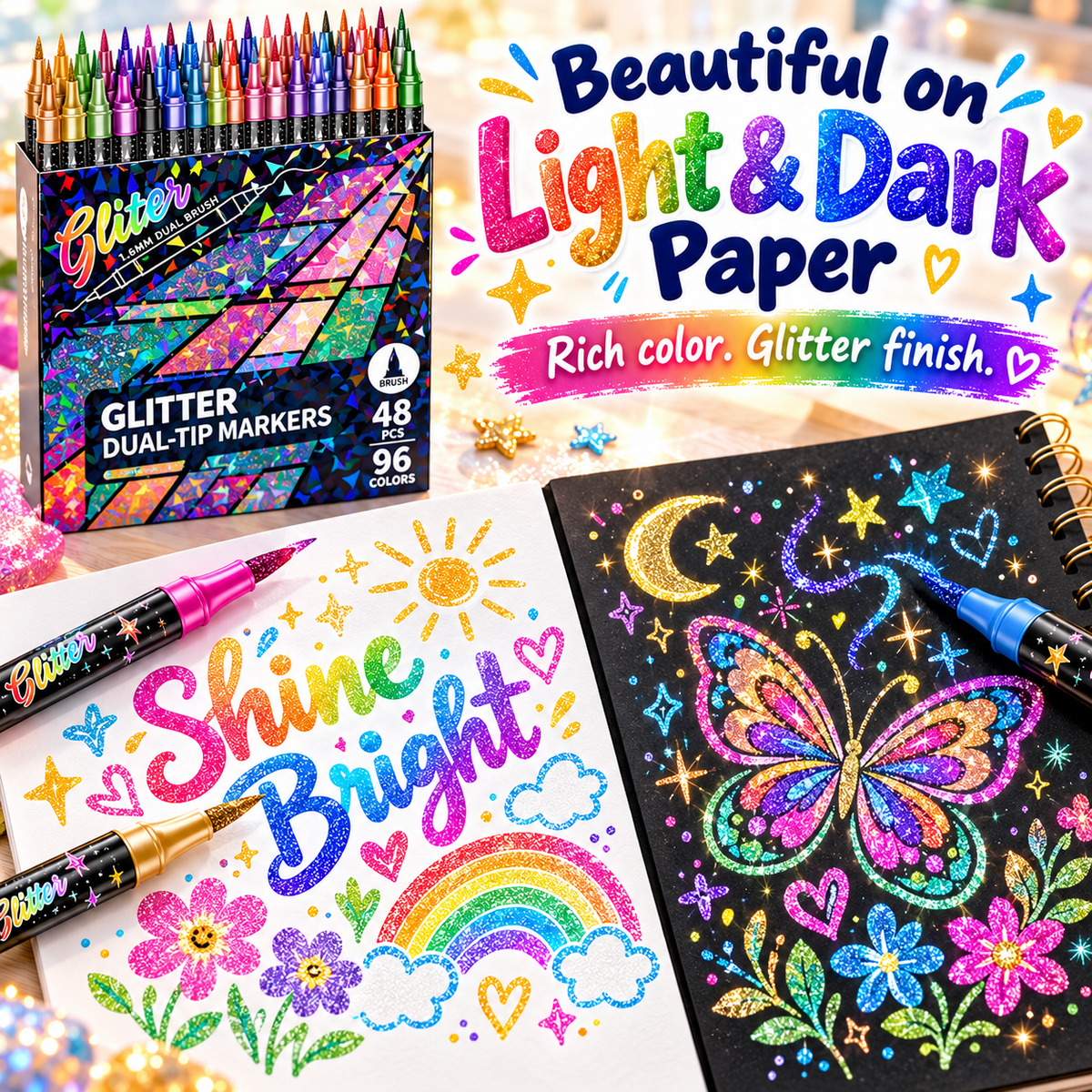 🎨Glitter Effect Brush Markers🥇✨: Create Sparkling Art Smoothly 🥳(🌈24-120 Colors | Smooth No Clog | No Bleed Through📝)