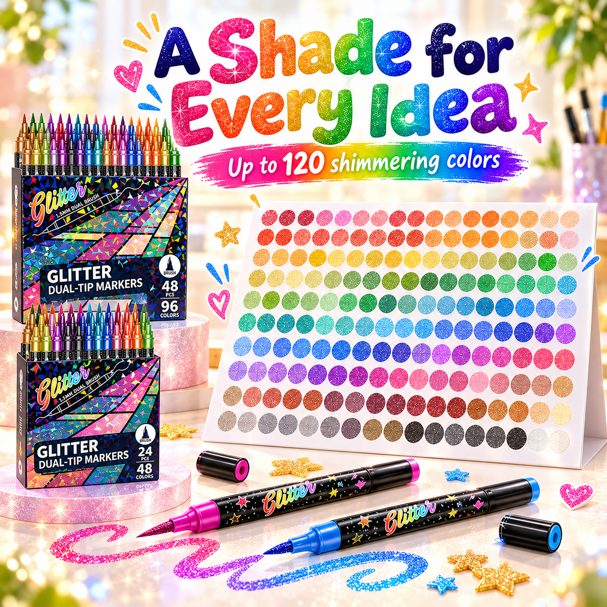 🎨Glitter Effect Brush Markers🥇✨: Create Sparkling Art Smoothly 🥳(🌈24-120 Colors | Smooth No Clog | No Bleed Through📝)