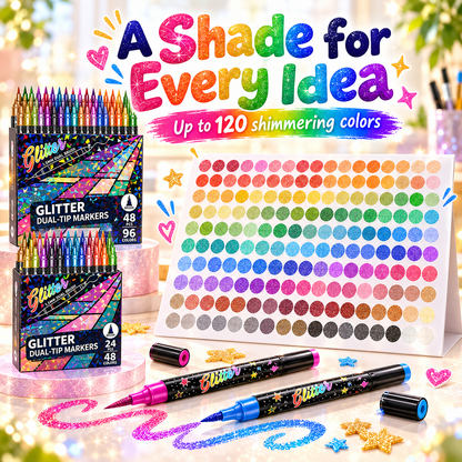 🎨Glitter Effect Brush Markers🥇✨: Create Sparkling Art Smoothly 🥳(🌈24-120 Colors | Smooth No Clog | No Bleed Through📝)